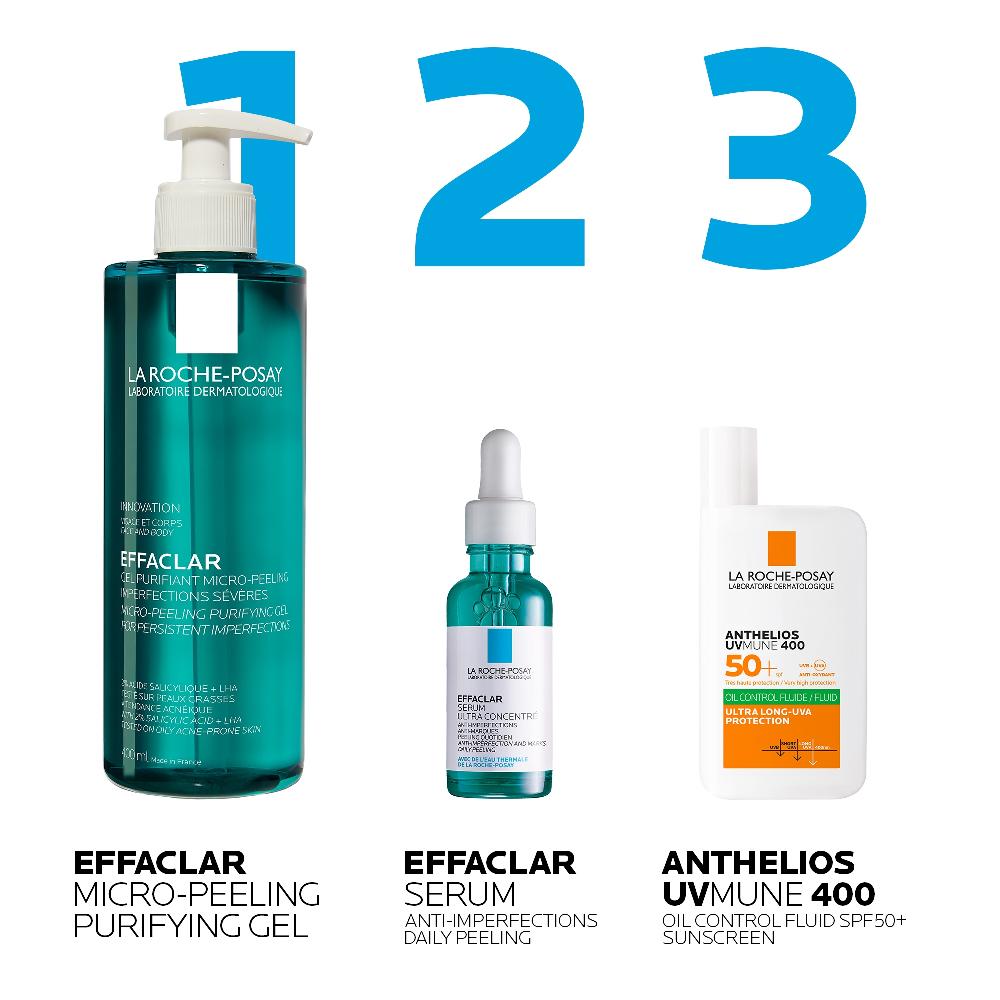 Lookfantastic La Roche-Posay Breakout-Fighting Set- High Strength: Effaclar Micro-Peeling Cleanser Anti Blemish Serum And SPF50+