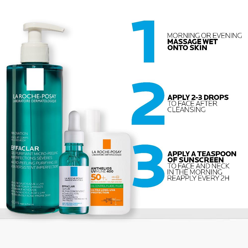 Lookfantastic La Roche-Posay Breakout-Fighting Set- High Strength: Effaclar Micro-Peeling Cleanser Anti Blemish Serum And SPF50+