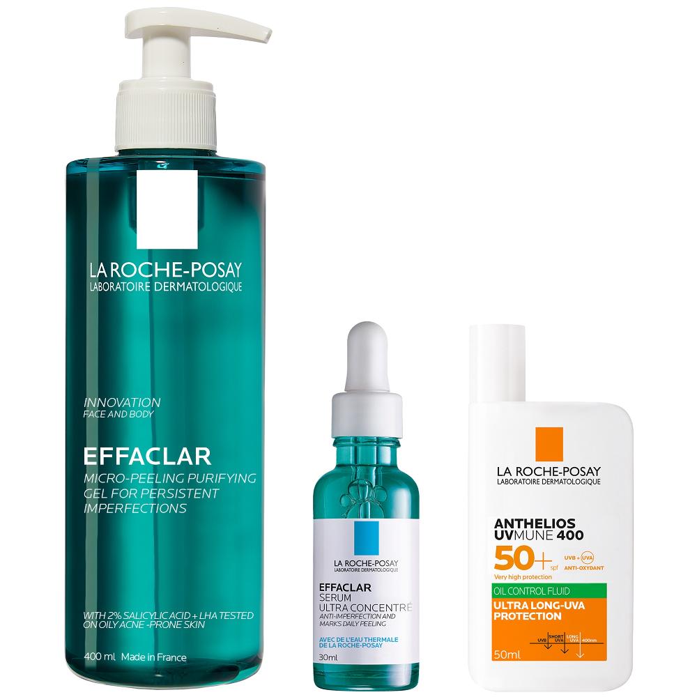 lookfantastic La Roche-Posay Breakout-Fighting Set- High Strength: Effaclar Micro-Peeling Cleanser Anti Blemish Serum and SPF50+