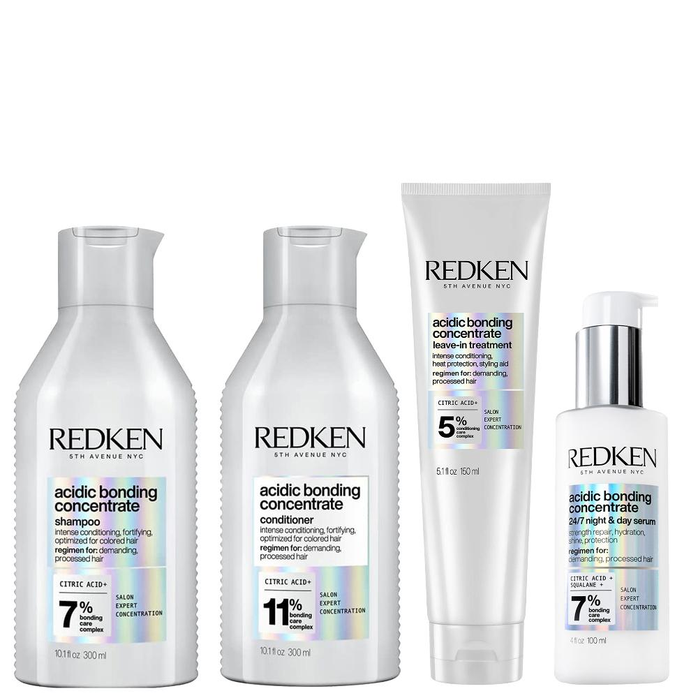 Lookfantastic Redken Acidic Bonding Concentrate Shampoo 300ml Conditioner 300ml Leave-in Treatment 150ml And 24/7 Night & Day Serum Bundle