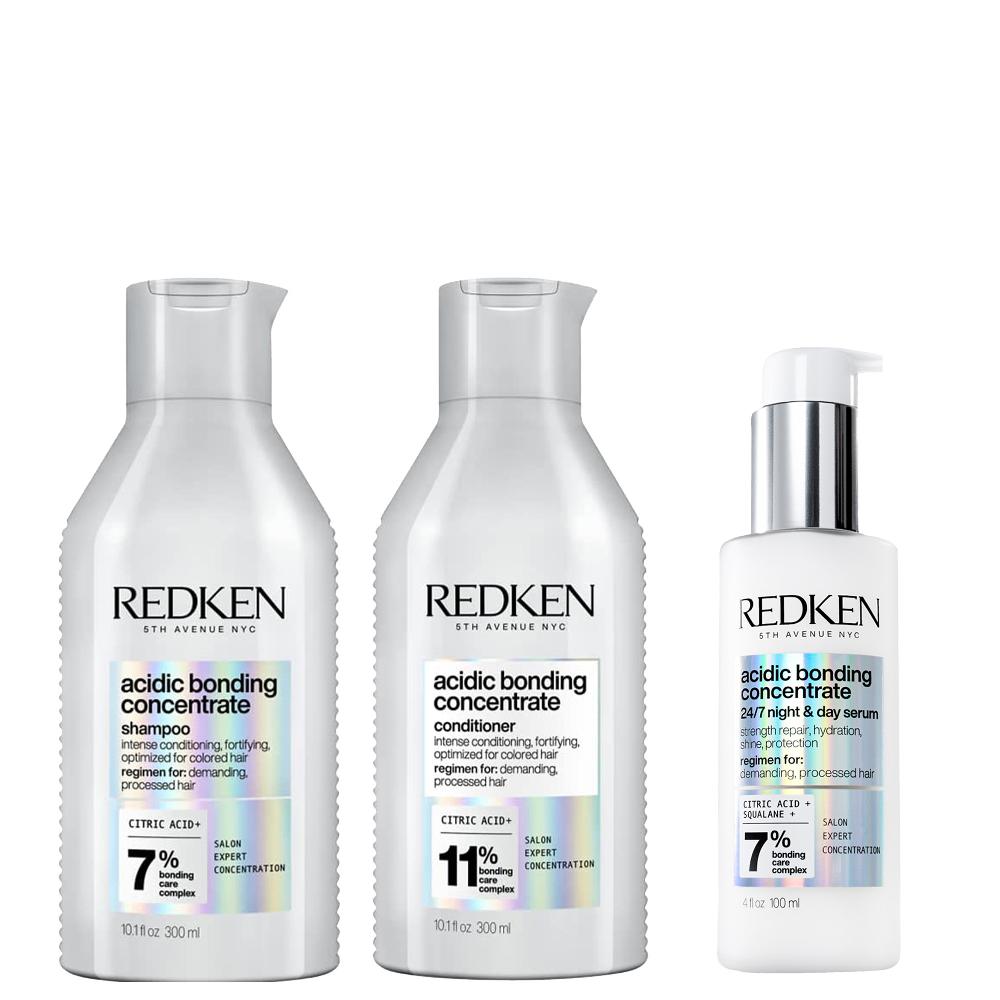 lookfantastic Redken Acidic Bonding Concentrate Shampoo 300ml Conditioner 300ml and 24/7 Night & Day Serum 100ml Repair Damaged Hair Bundle