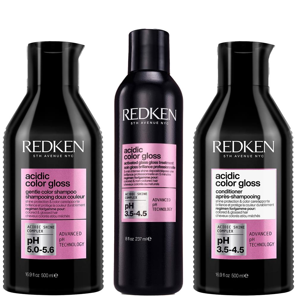 lookfantastic Redken Acidic Color Gloss Sulphate-Free Shampoo 500ml Activated Glass Gloss Treatment 237ml and Conditioner 500ml Bundle