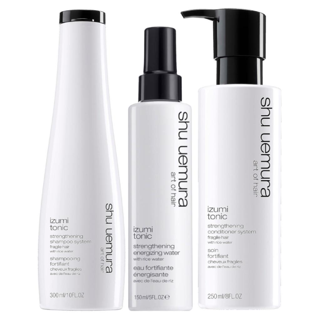 lookfantastic Shu Uemura Art of Hair Izumi Tonic Rice Water Shampoo Conditioner and Hair Tonic Water Routine