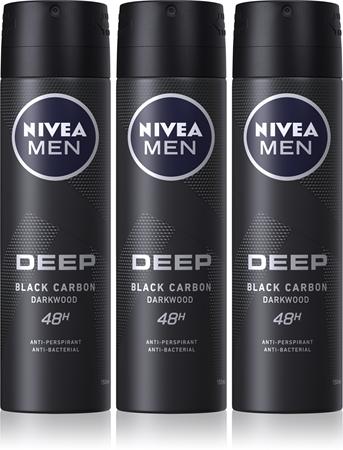 NIVEA NIVEA MEN Deep Black Carbon Darkwood Antitranspirant-Spray vorteilhafte Packung für Herren 3 x 150 ml