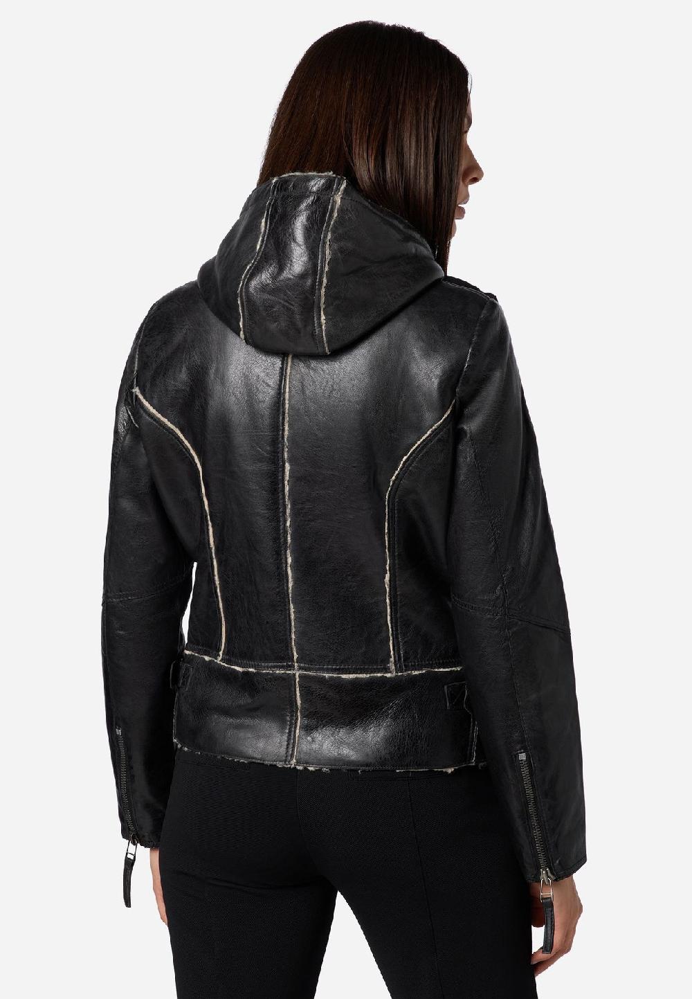 RICANO Damen Lederjacke Jule Bikerjacke Mit Fellfütterung Und Kapuze