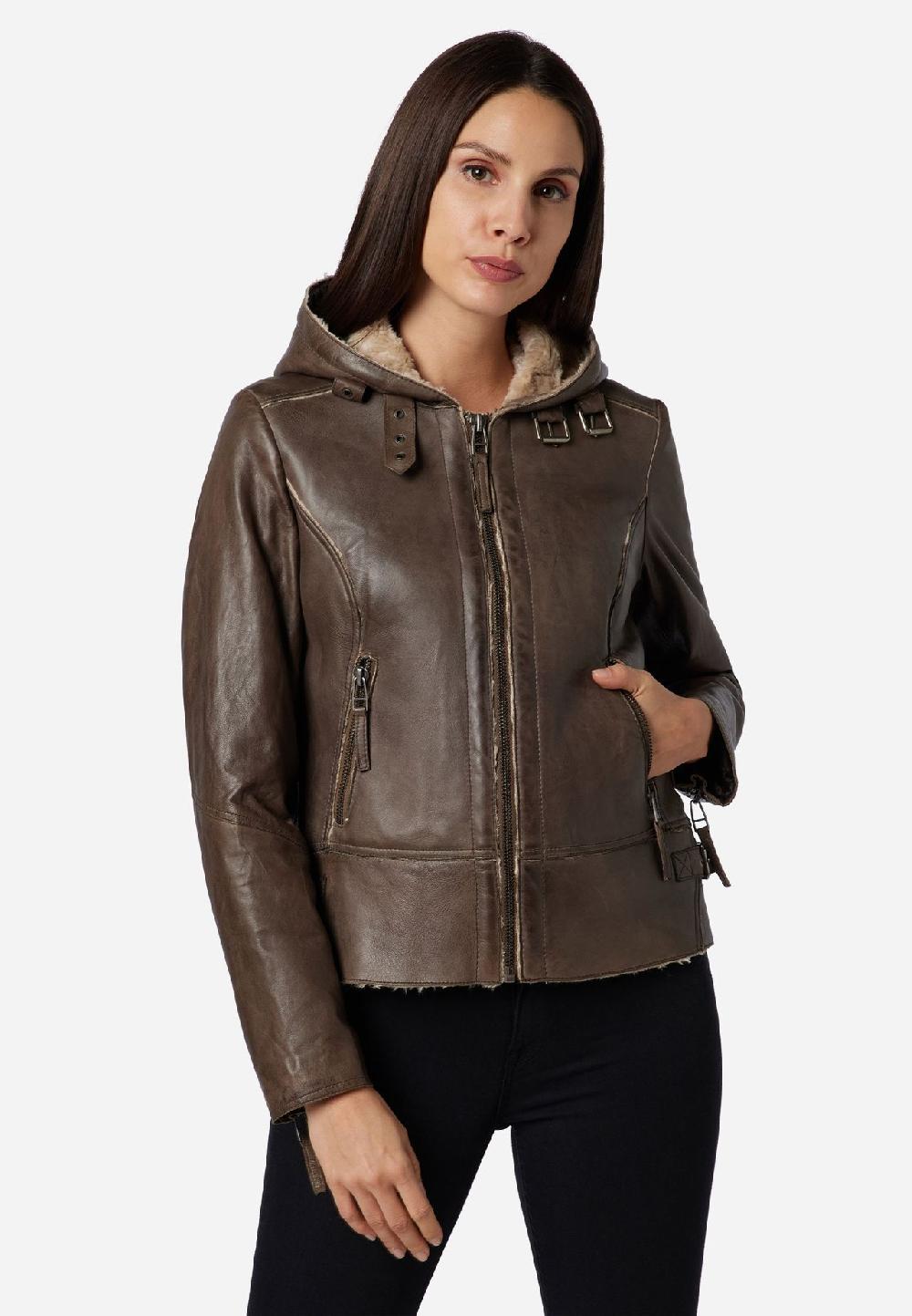 RICANO Damen Lederjacke Jule Bikerjacke Mit Fellfütterung Und Kapuze