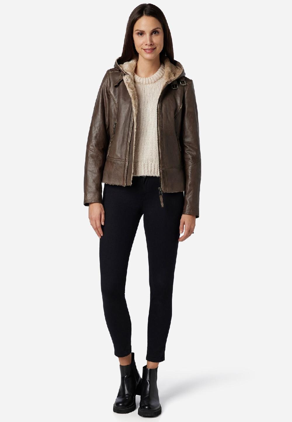 RICANO Damen Lederjacke Jule Bikerjacke Mit Fellfütterung Und Kapuze