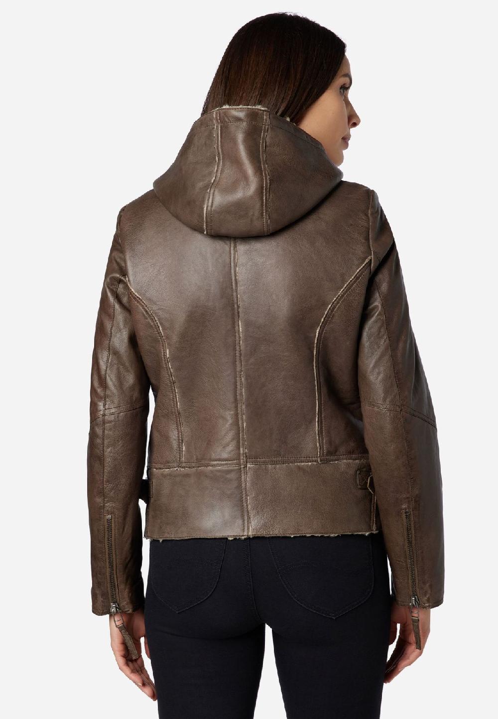 RICANO Damen Lederjacke Jule Bikerjacke Mit Fellfütterung Und Kapuze