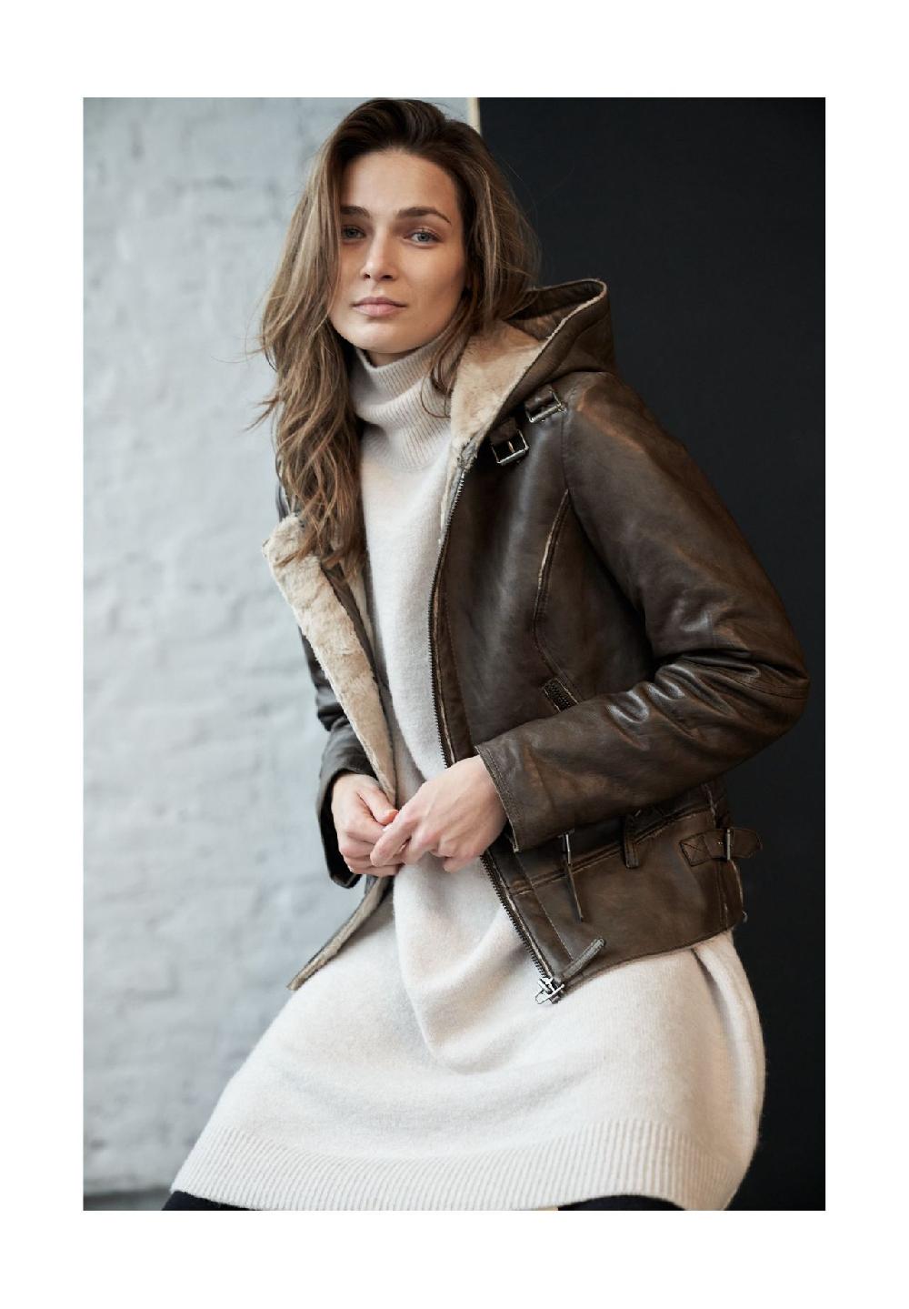 RICANO Damen Lederjacke Jule Bikerjacke mit Fellfütterung und Kapuze