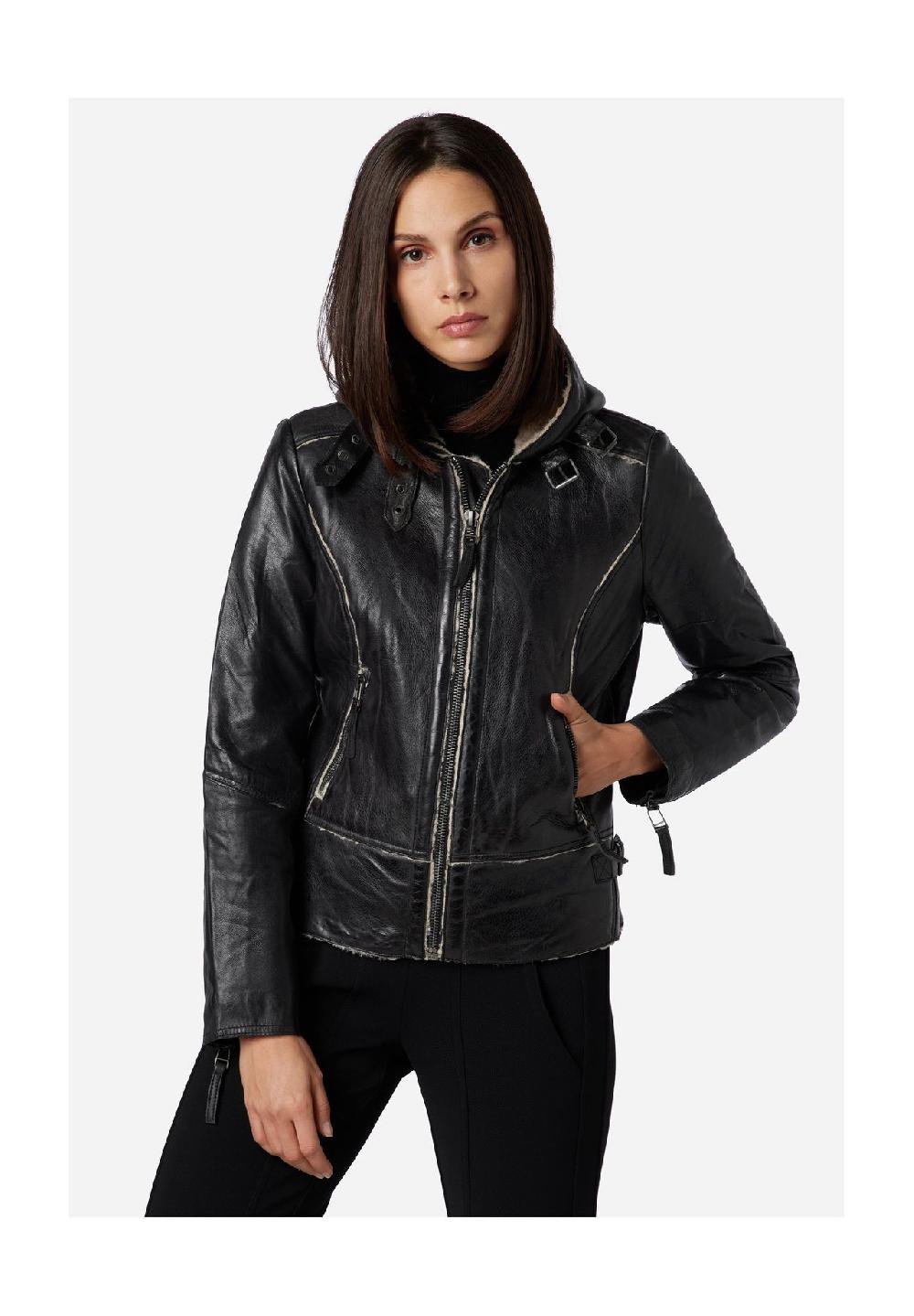 RICANO Damen Lederjacke Jule Bikerjacke mit Fellfütterung und Kapuze