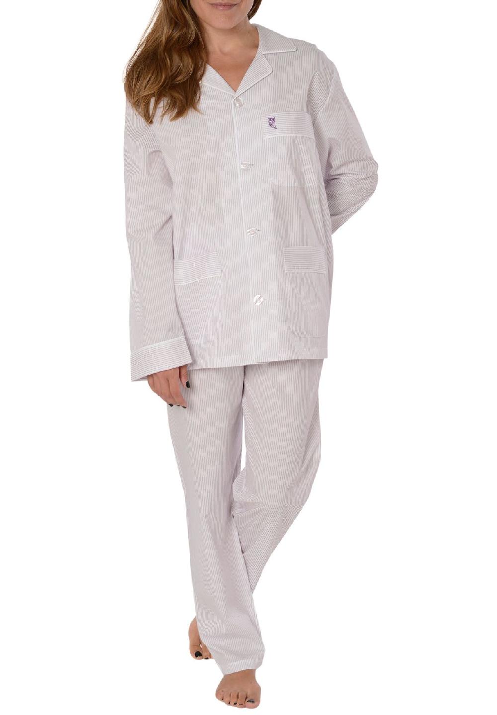 El Búho NOCTURNO® Damen Schlafanzug Lang Reverskragen Seide Premium Gestreift Lila