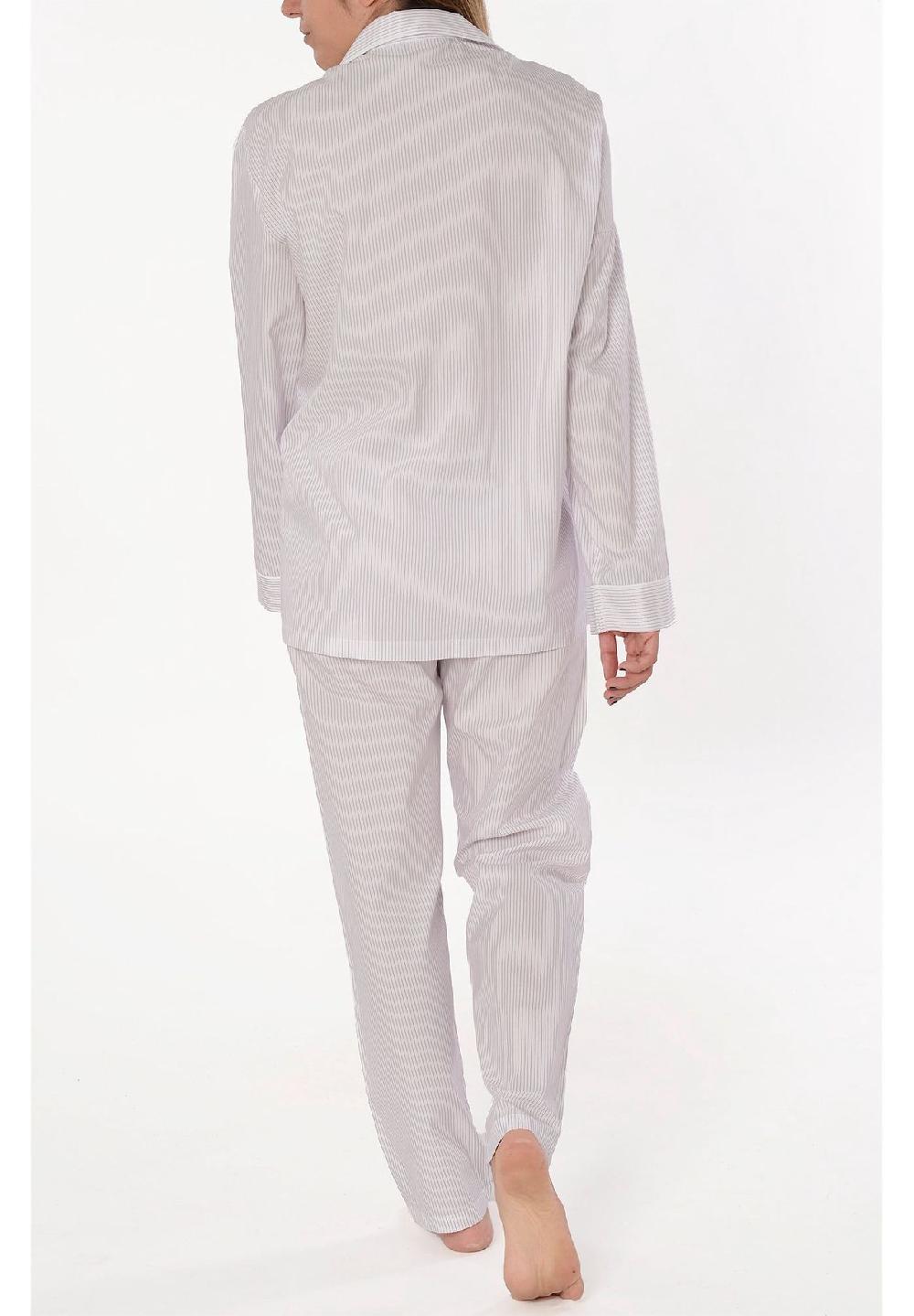 El Búho NOCTURNO® Damen Schlafanzug Lang Reverskragen Seide Premium Gestreift Lila