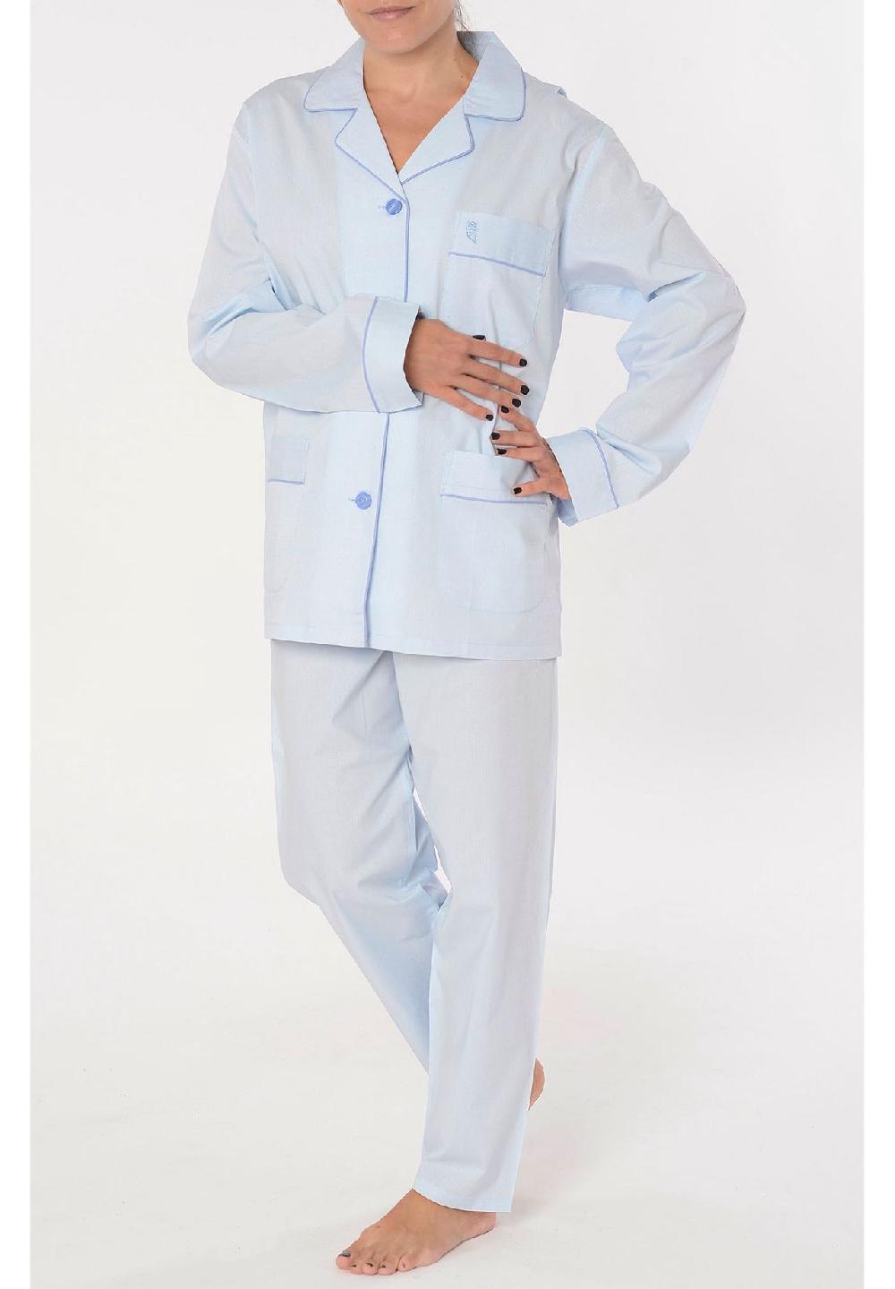 El Búho NOCTURNO® Damen Schlafanzug Lang Reverskragen Dobby Bedruckt Blau