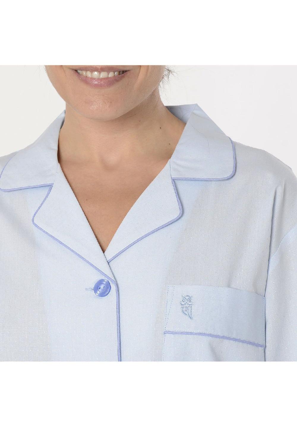 El Búho NOCTURNO® Damen Schlafanzug Lang Reverskragen Dobby Bedruckt Blau