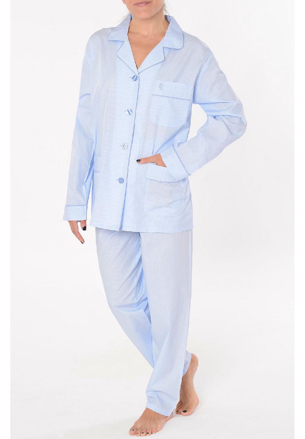 El Búho NOCTURNO® Damen Schlafanzug Lang Reverskragen Baumwolle Popeline Gestreift Blau