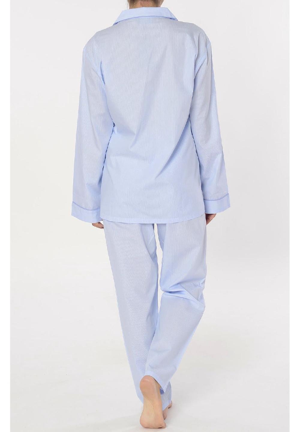 El Búho NOCTURNO® Damen Schlafanzug Lang Reverskragen Baumwolle Popeline Gestreift Blau