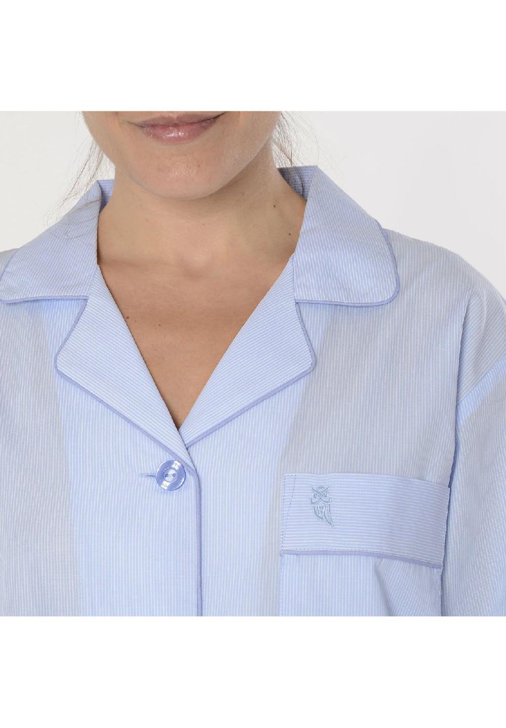 El Búho NOCTURNO® Damen Schlafanzug Lang Reverskragen Baumwolle Popeline Gestreift Blau