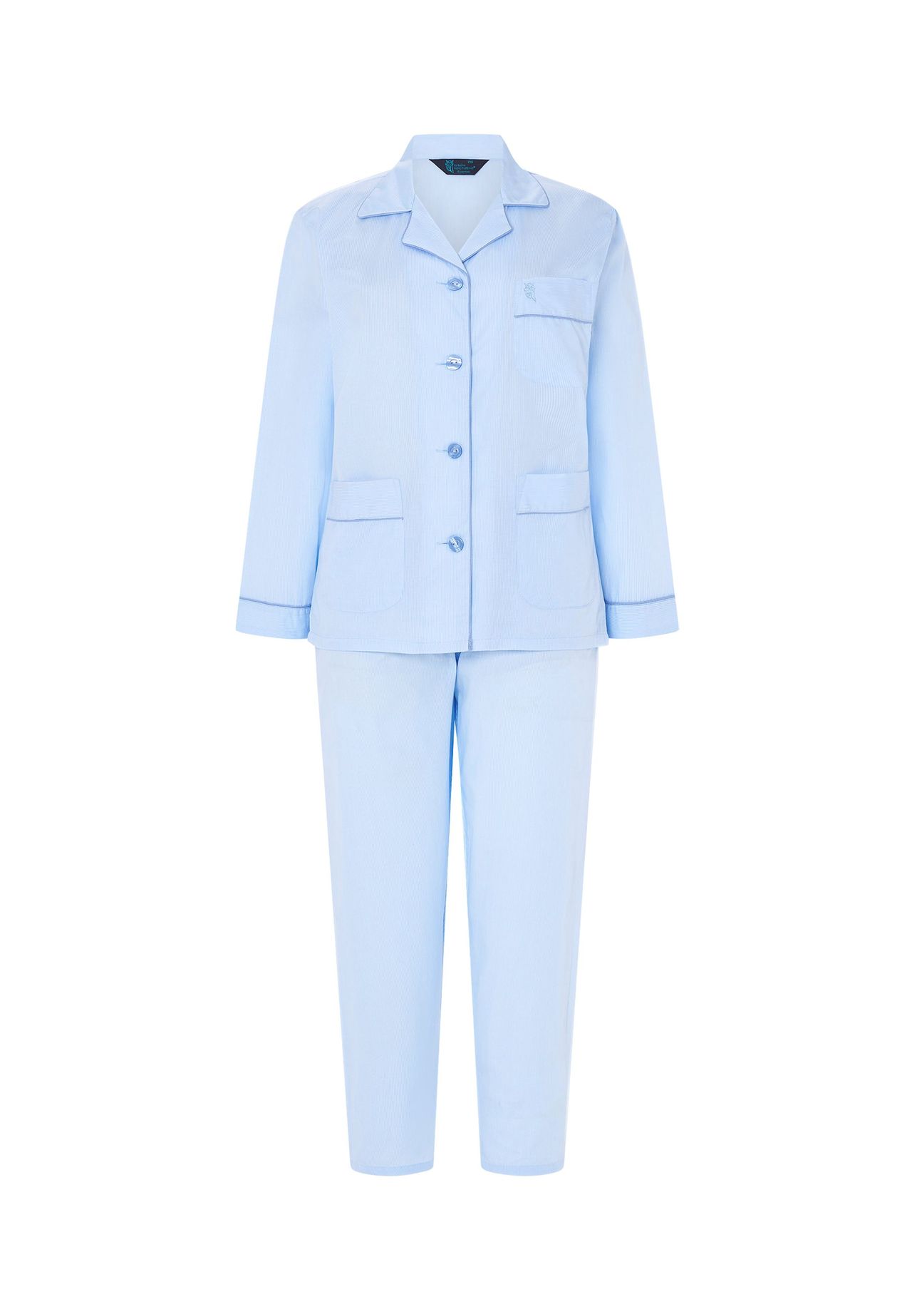 El Búho NOCTURNO® Damen Schlafanzug Lang Reverskragen Baumwolle Popeline Gestreift Blau