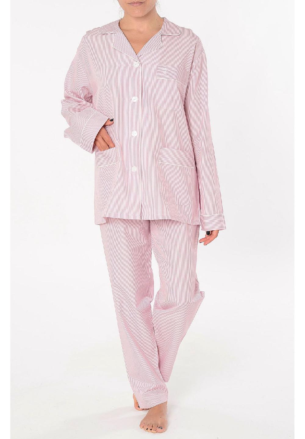 El Búho NOCTURNO® Damen Schlafanzug Lang Reverskragen Baumwolle Popeline Gestreift Rosa