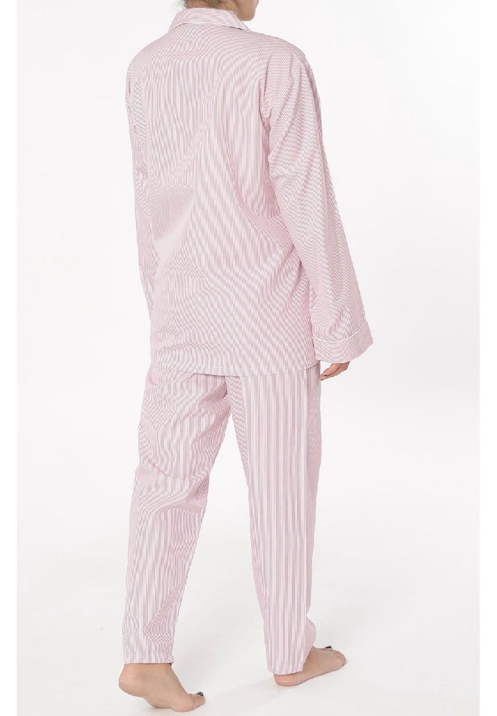 El Búho NOCTURNO® Damen Schlafanzug Lang Reverskragen Baumwolle Popeline Gestreift Rosa