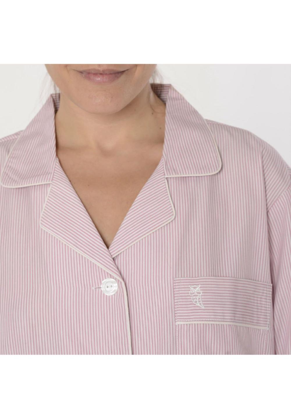 El Búho NOCTURNO® Damen Schlafanzug Lang Reverskragen Baumwolle Popeline Gestreift Rosa