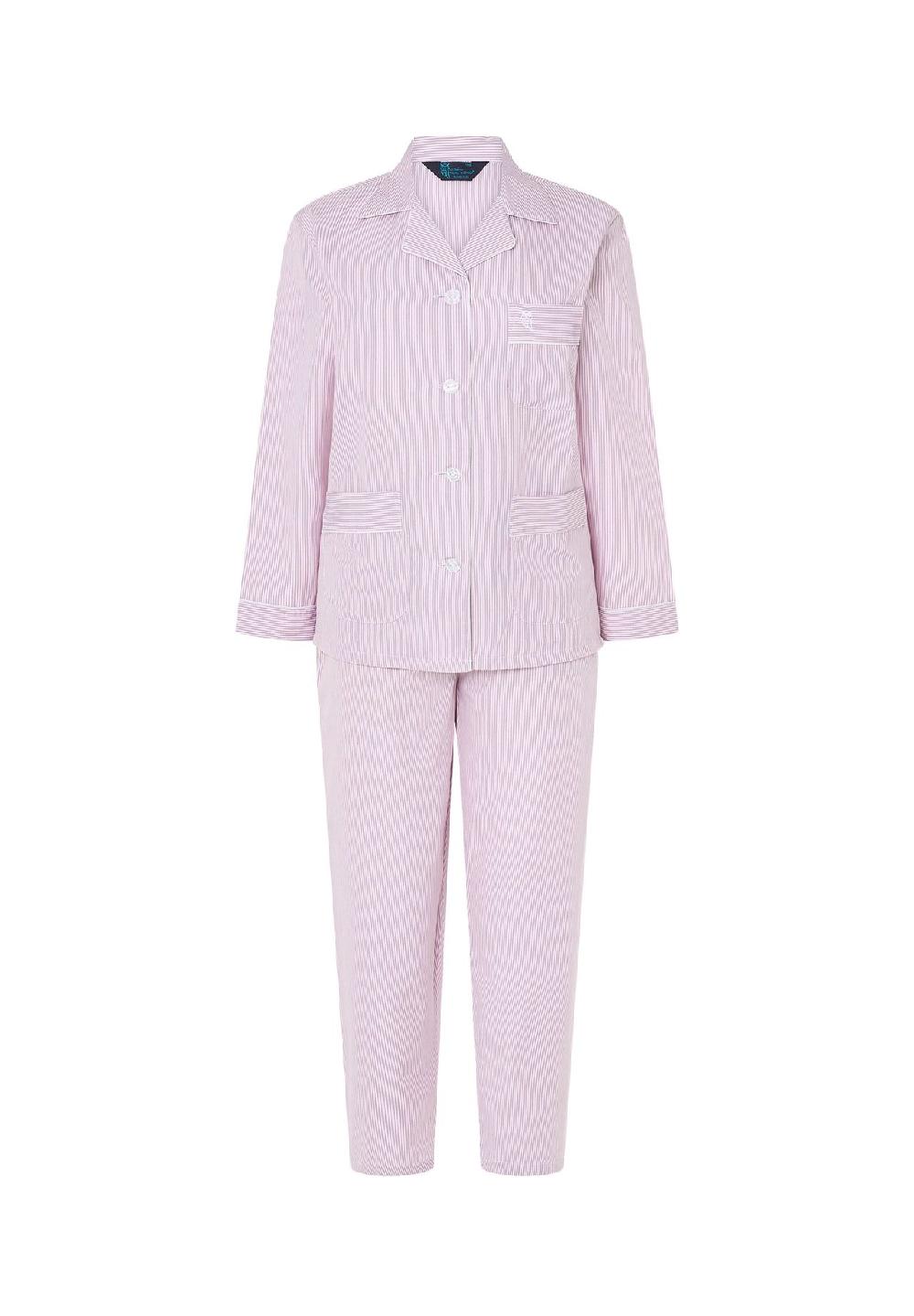 El Búho NOCTURNO® Damen Schlafanzug Lang Reverskragen Baumwolle Popeline Gestreift Rosa