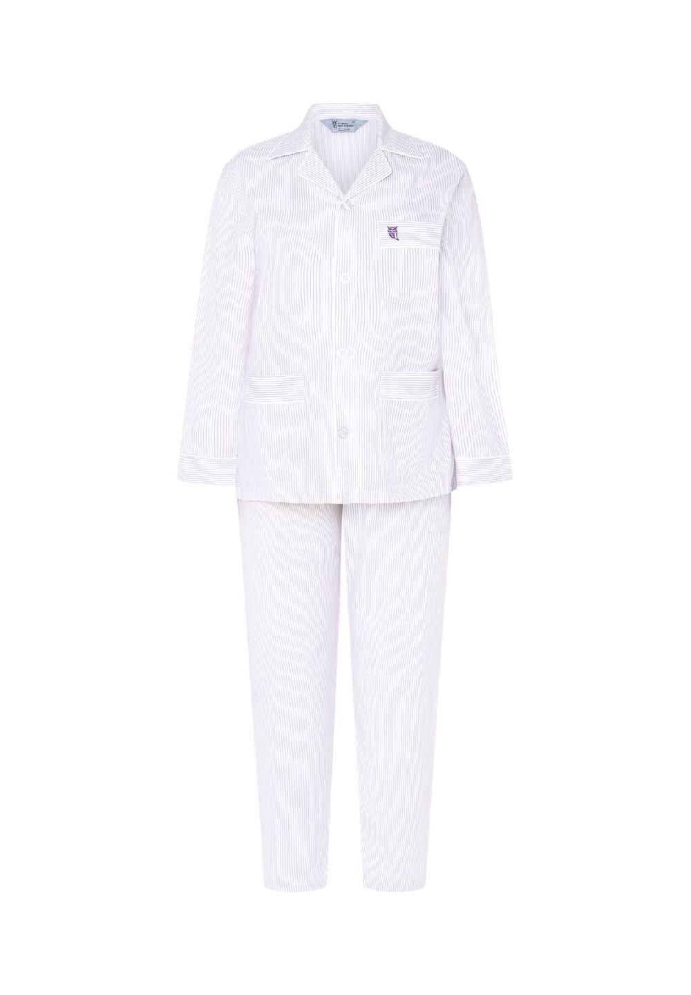 El Búho NOCTURNO® Damen Schlafanzug Lang Reverskragen Seide Premium Gestreift Lila