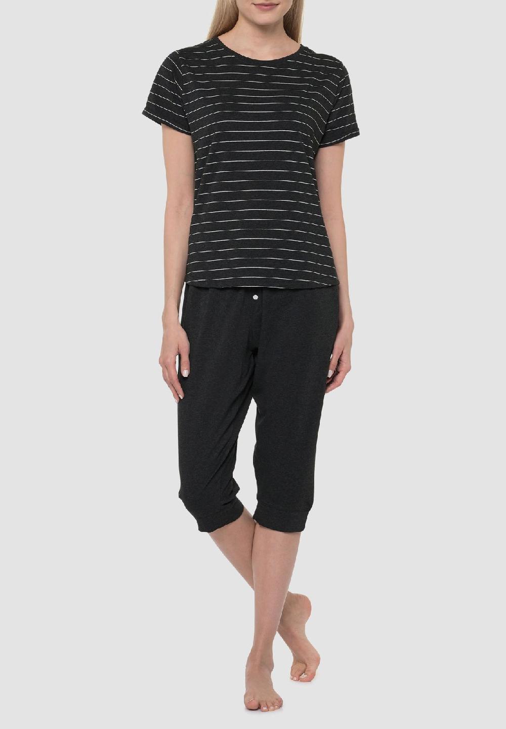 MANGUUN Schlafshirt Kurzarm Gestreift Baumwoll-Mix Für Damen