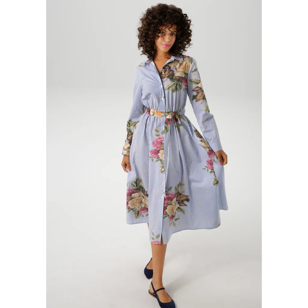 Aniston CASUAL Blusenkleid Mit Rosen Auf Gestreiftem Untergrund - NEUE KOLLEKTION