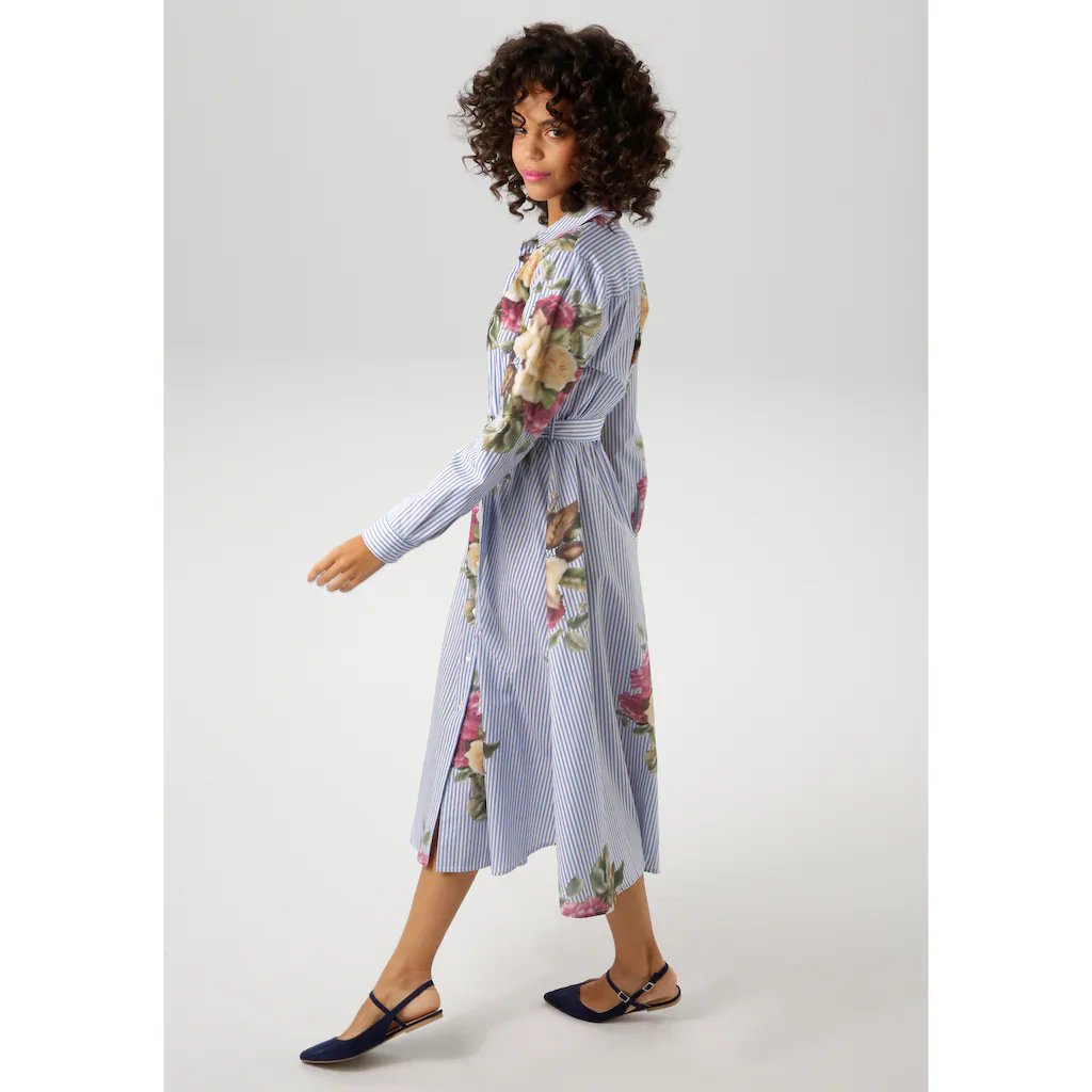 Aniston CASUAL Blusenkleid Mit Rosen Auf Gestreiftem Untergrund - NEUE KOLLEKTION