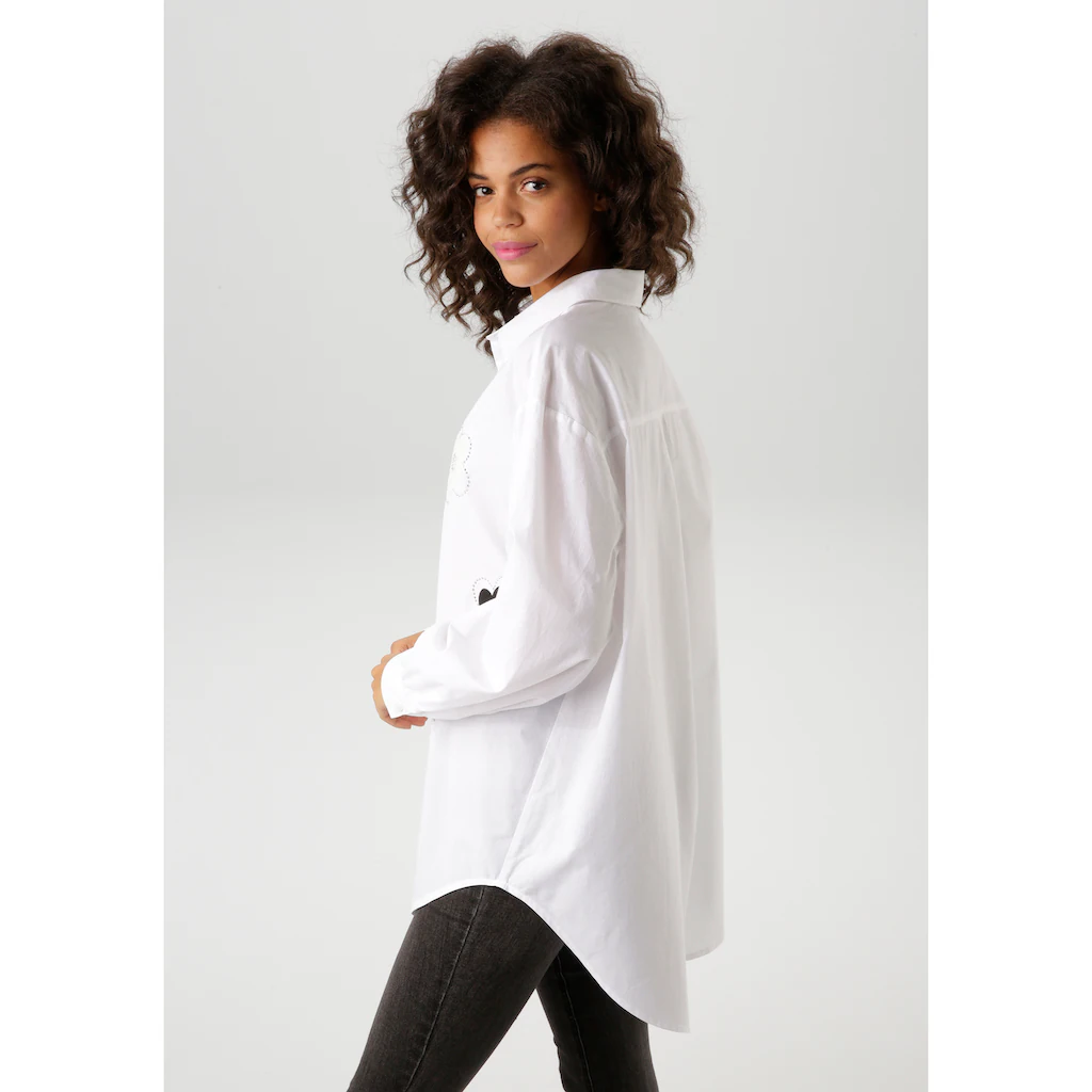 Aniston CASUAL Hemdbluse Mit Glitzersteinchen Verzierte Blüten-Applikationen - NEUE KOLLEKTION