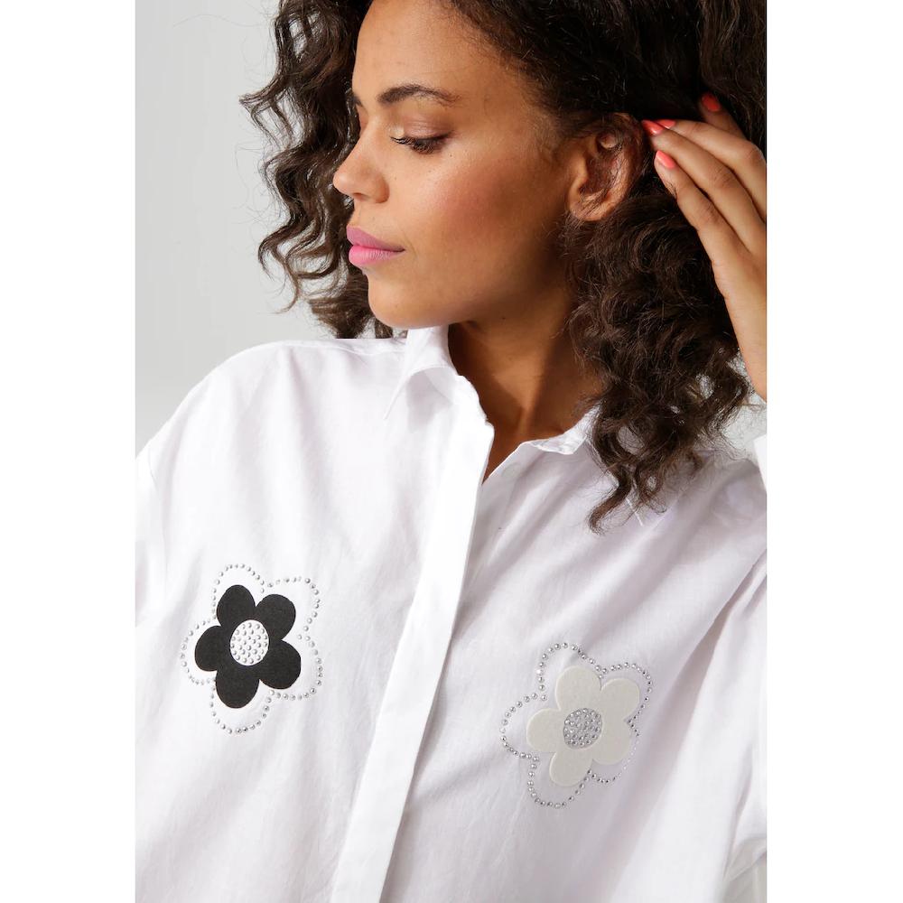 Aniston CASUAL Hemdbluse Mit Glitzersteinchen Verzierte Blüten-Applikationen - NEUE KOLLEKTION