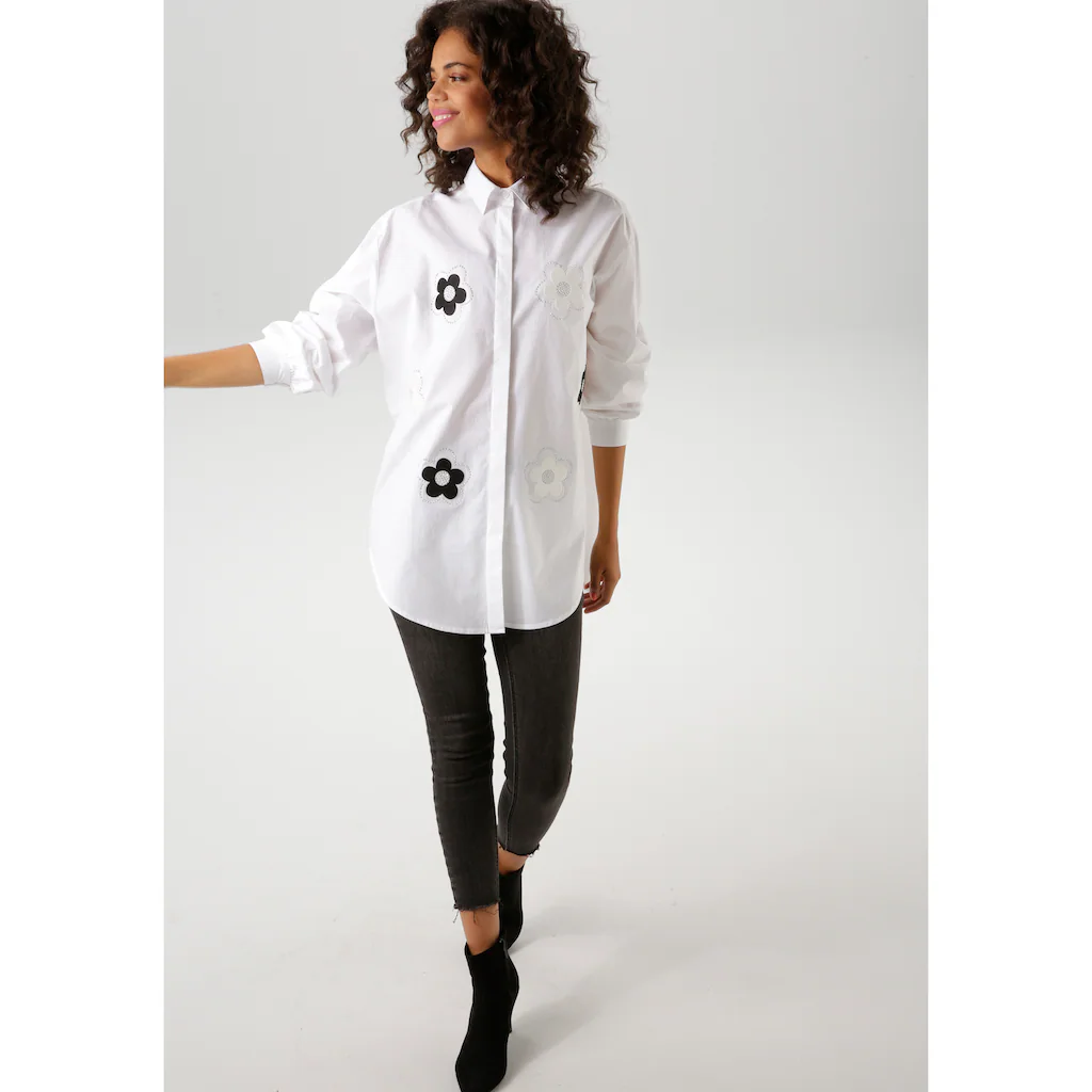 Aniston CASUAL Hemdbluse Mit Glitzersteinchen Verzierte Blüten-Applikationen - NEUE KOLLEKTION