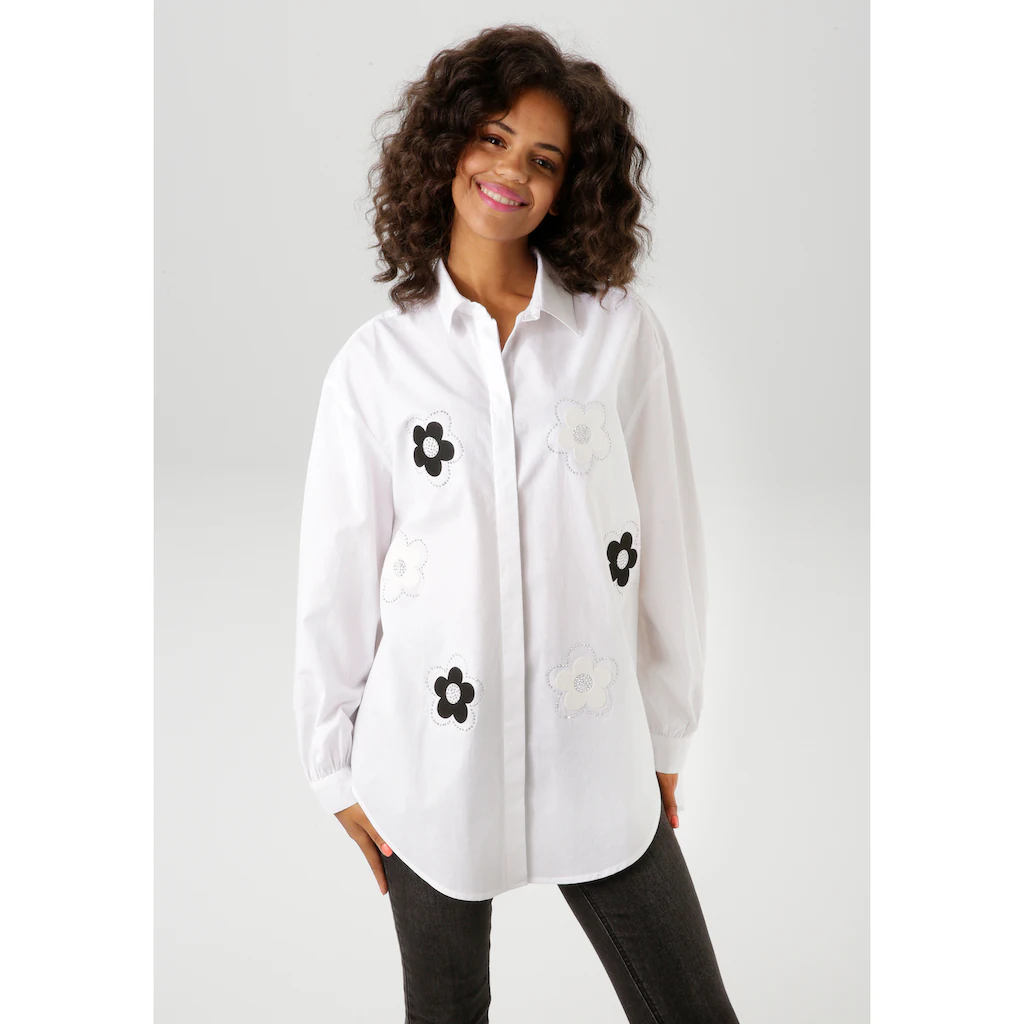 Aniston CASUAL Hemdbluse mit Glitzersteinchen verzierte Blüten-Applikationen - NEUE KOLLEKTION