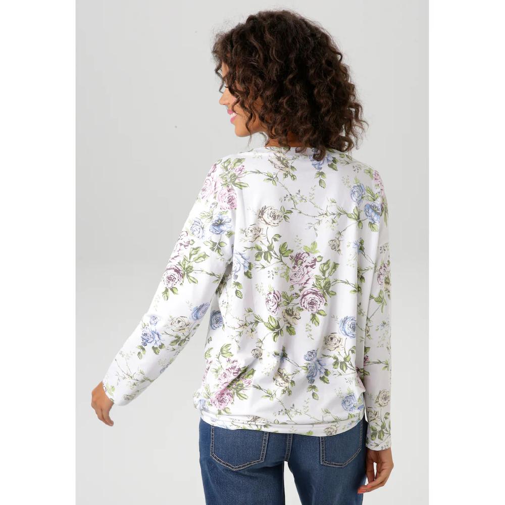 Aniston CASUAL Langarmshirt Mit Silberfarbenen Schriftzug Verzierter Rosendruck - NEUE KOLLEKTION