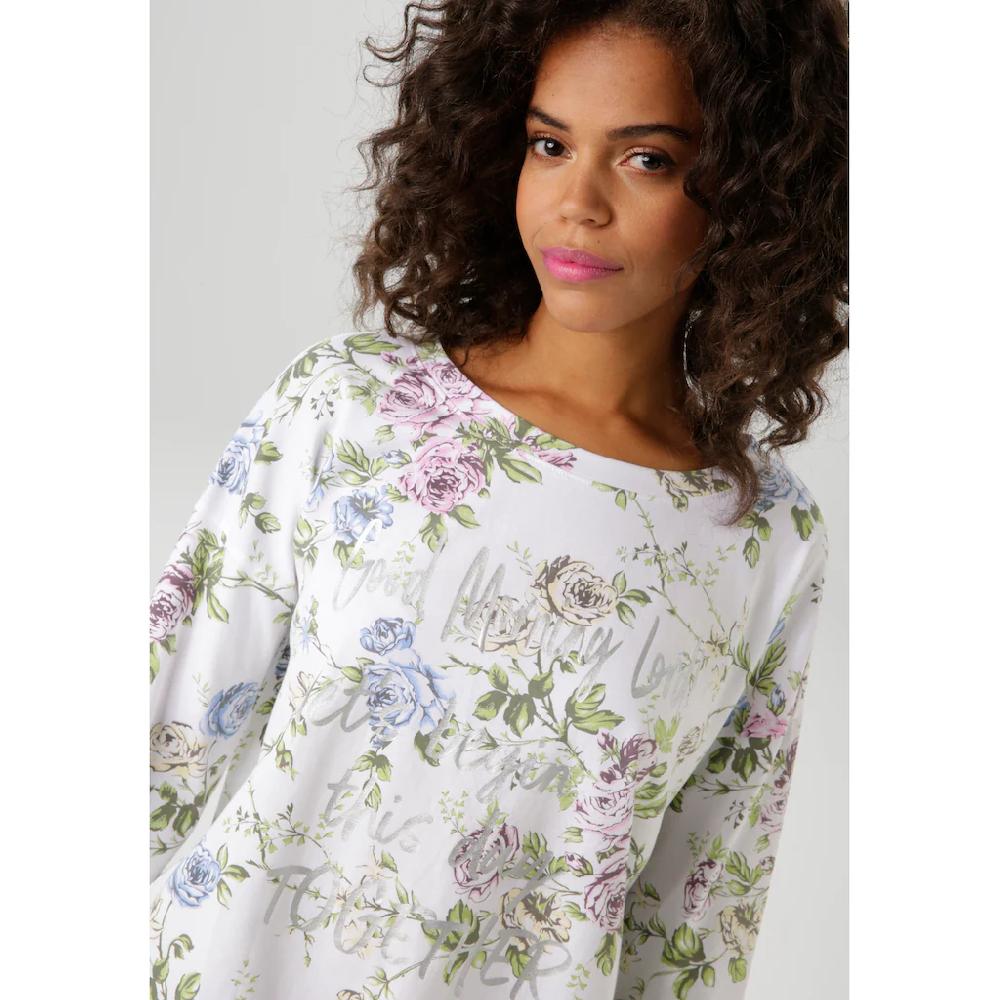 Aniston CASUAL Langarmshirt Mit Silberfarbenen Schriftzug Verzierter Rosendruck - NEUE KOLLEKTION