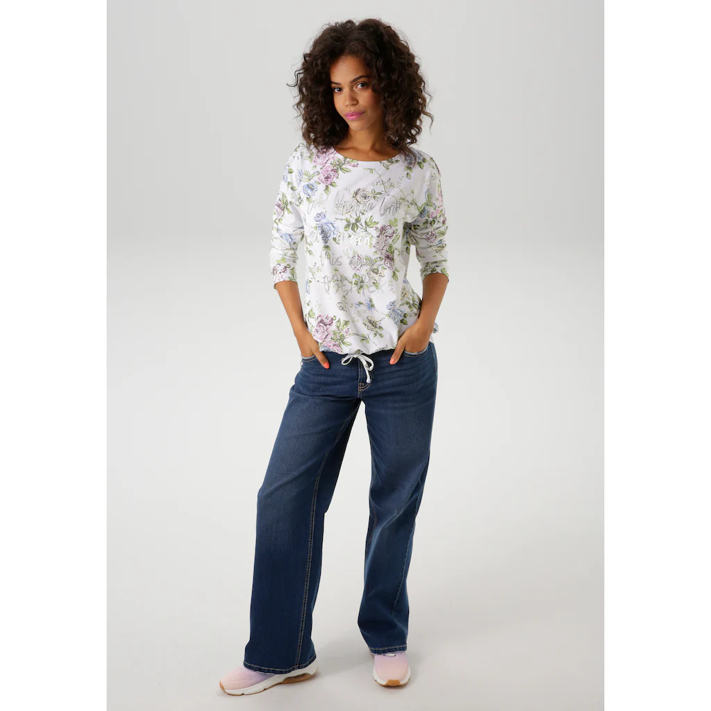 Aniston CASUAL Langarmshirt Mit Silberfarbenen Schriftzug Verzierter Rosendruck - NEUE KOLLEKTION