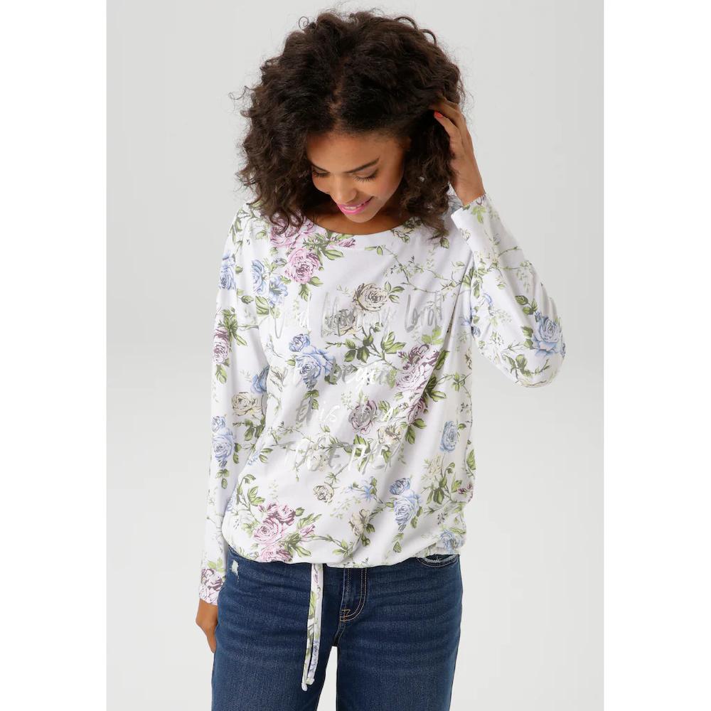Aniston CASUAL Langarmshirt mit silberfarbenen Schriftzug verzierter Rosendruck - NEUE KOLLEKTION