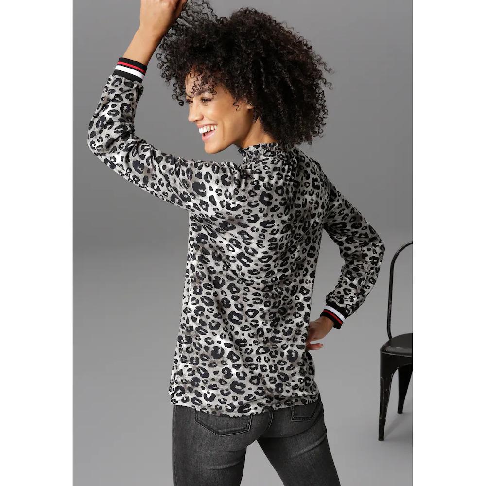 Aniston CASUAL Langarmshirt Mit Trendigem Animal-Print Und Gestreiften Bündchen