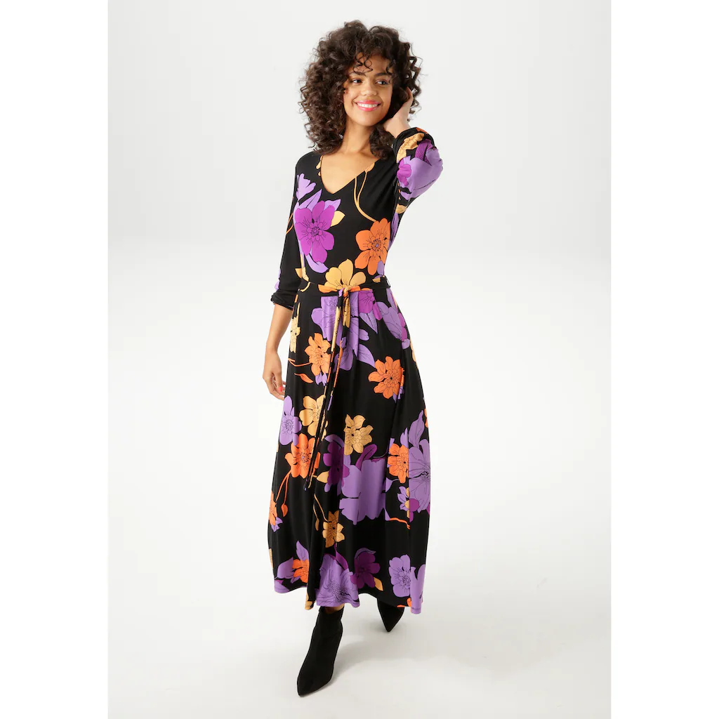 Aniston CASUAL Maxikleid (mit abnehmbarem Bindeband) mit großflächigen farbharmonischen Blumen bedruckt - NEUE KOLLEKTION