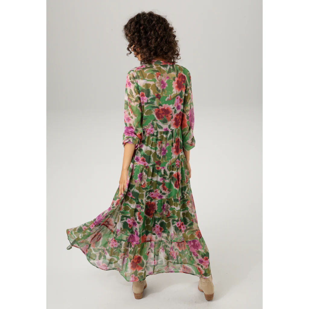 Aniston CASUAL Maxikleid (mit Jersey-Unterkleid) Mit Farbharmonischem Blumendruck Im Batik-Look
