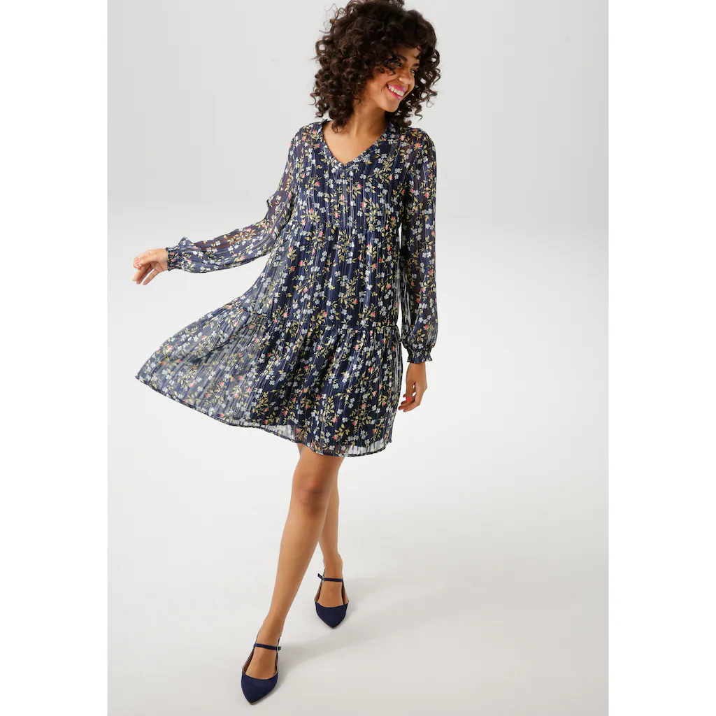 Aniston CASUAL Minikleid (mit Jersey Unterkleid) Mit Glanzfäden Verziertem Blumendruck - NEUE KOLLEKTION