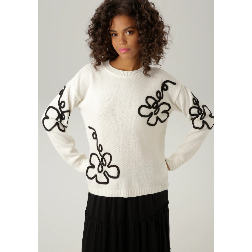 Aniston CASUAL Strickpullover mit extravaganten Blüten-Applikationen - NEUE KOLLEKTION
