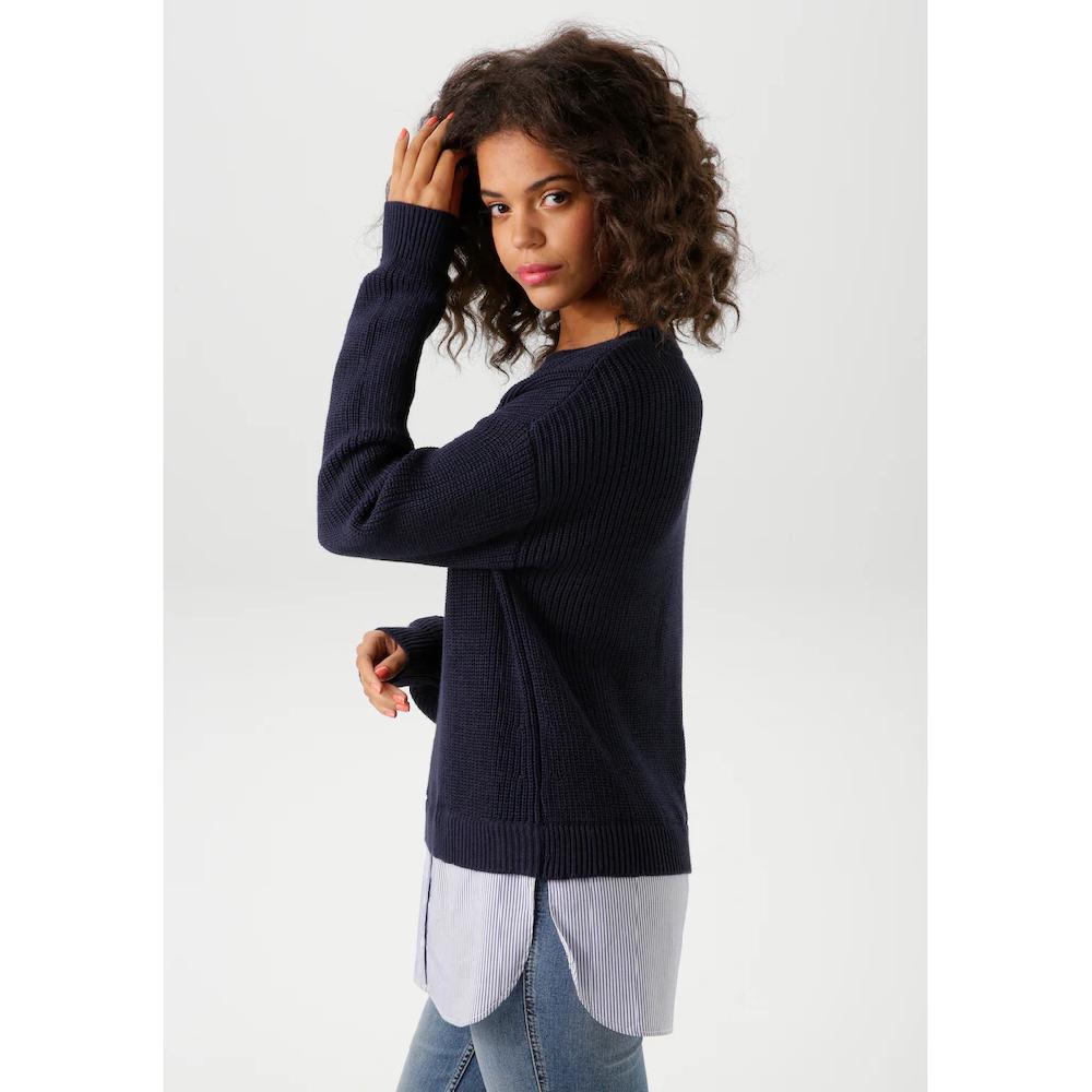Aniston CASUAL Strickpullover Mit Gestreiftem Bluseneinsatz Am Saum - NEUE KOLLEKTION