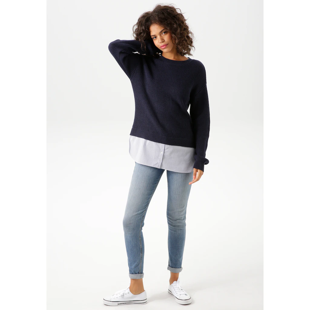 Aniston CASUAL Strickpullover Mit Gestreiftem Bluseneinsatz Am Saum - NEUE KOLLEKTION