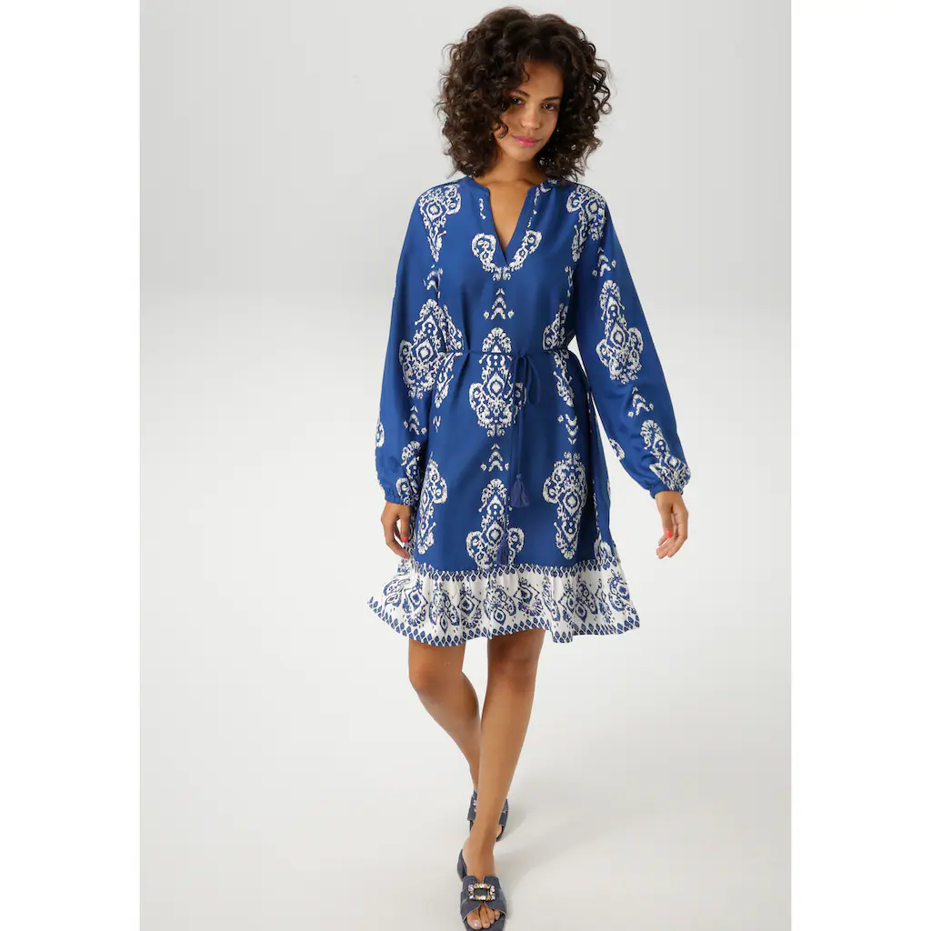 Aniston CASUAL Tunikakleid (mit Abnehmbarem Kordel-Bindeband) Mit Ornament-Druck Und Gekontertem Volant - NEUE KOLLEKTION