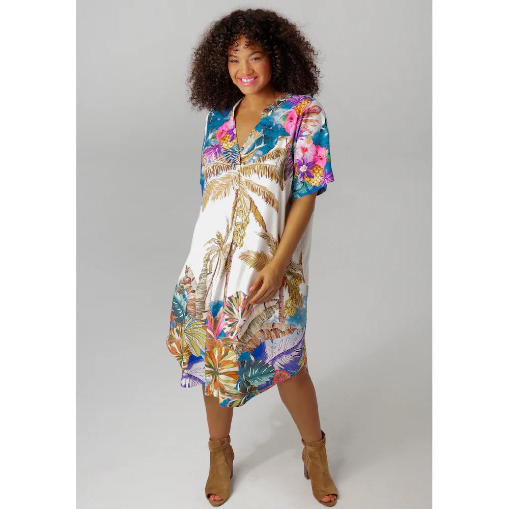 Aniston PLUS Blusenkleid Mit Farbenfrohem Großflächigem Palmendruck - NEUE KOLLEKTION