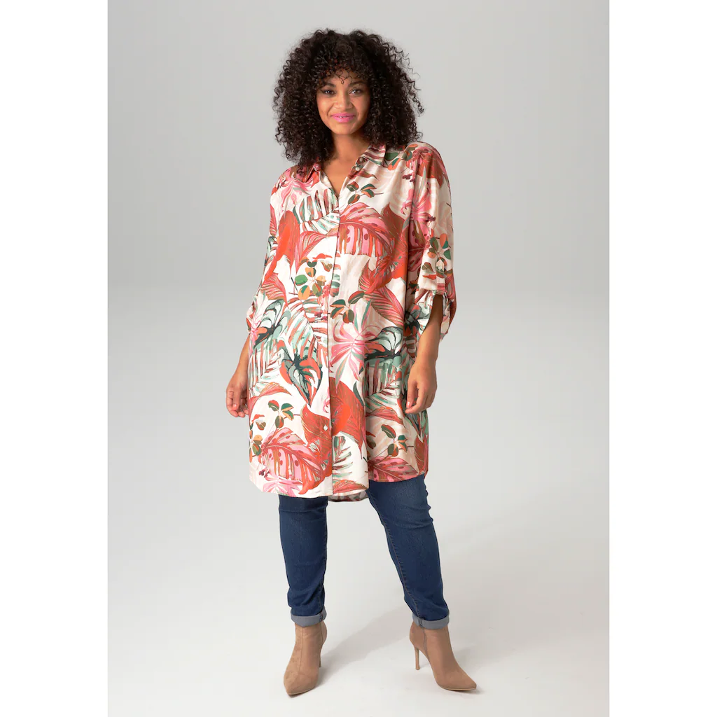 Aniston PLUS Hemdbluse Mit Großflächigen Farbharmonischen Blättern - NEUE KOLLEKTION