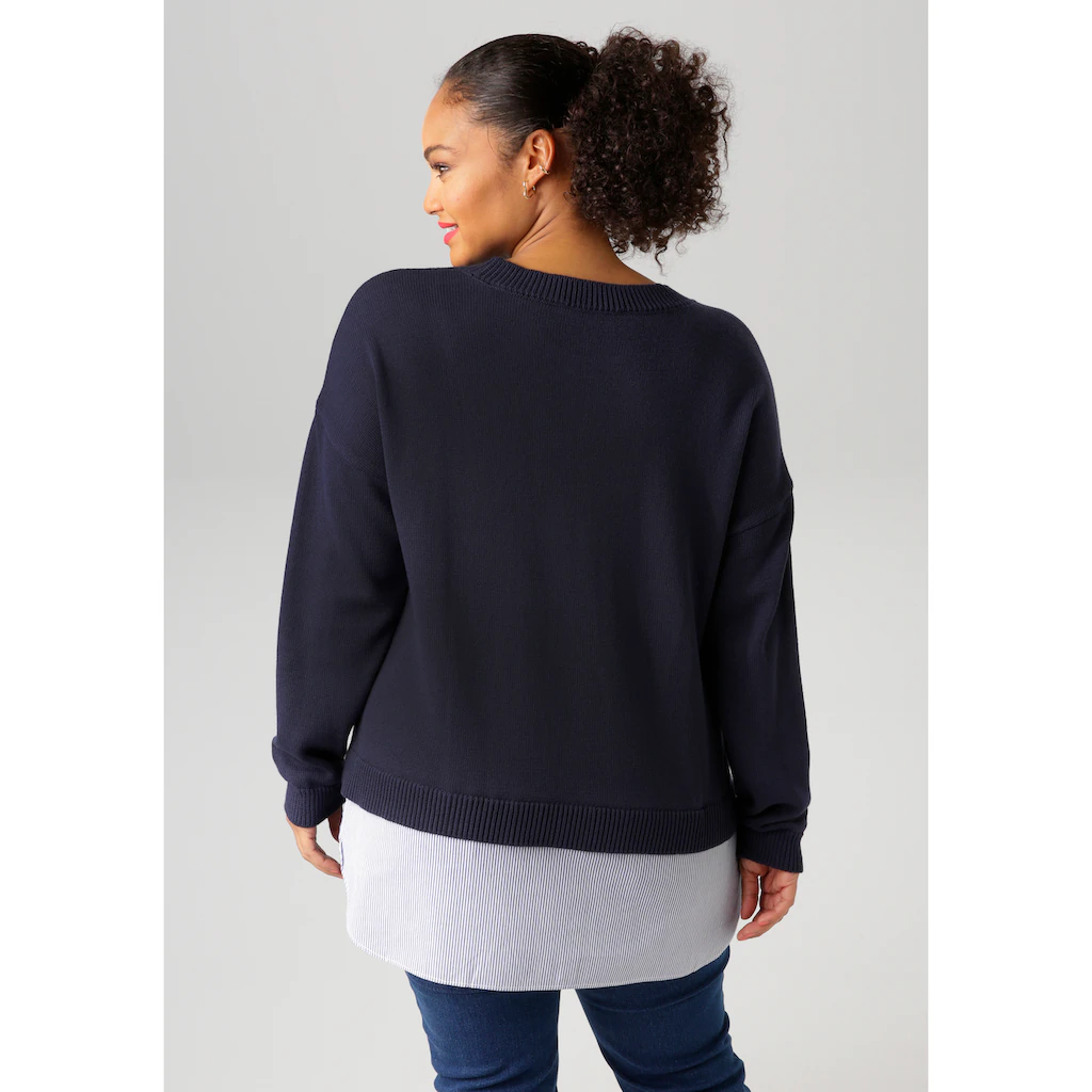 Aniston PLUS Strickpullover Mit Gestreiftem Bluseneinsatz Am Saum - NEUE KOLLEKTION