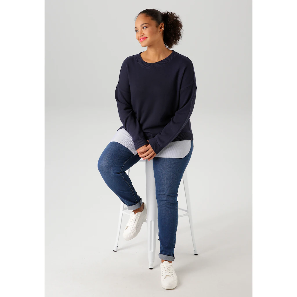 Aniston PLUS Strickpullover Mit Gestreiftem Bluseneinsatz Am Saum - NEUE KOLLEKTION